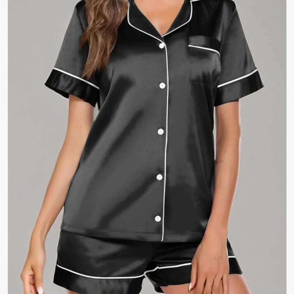 Black Satin Women's Pajama Set - Picture 1 of 5